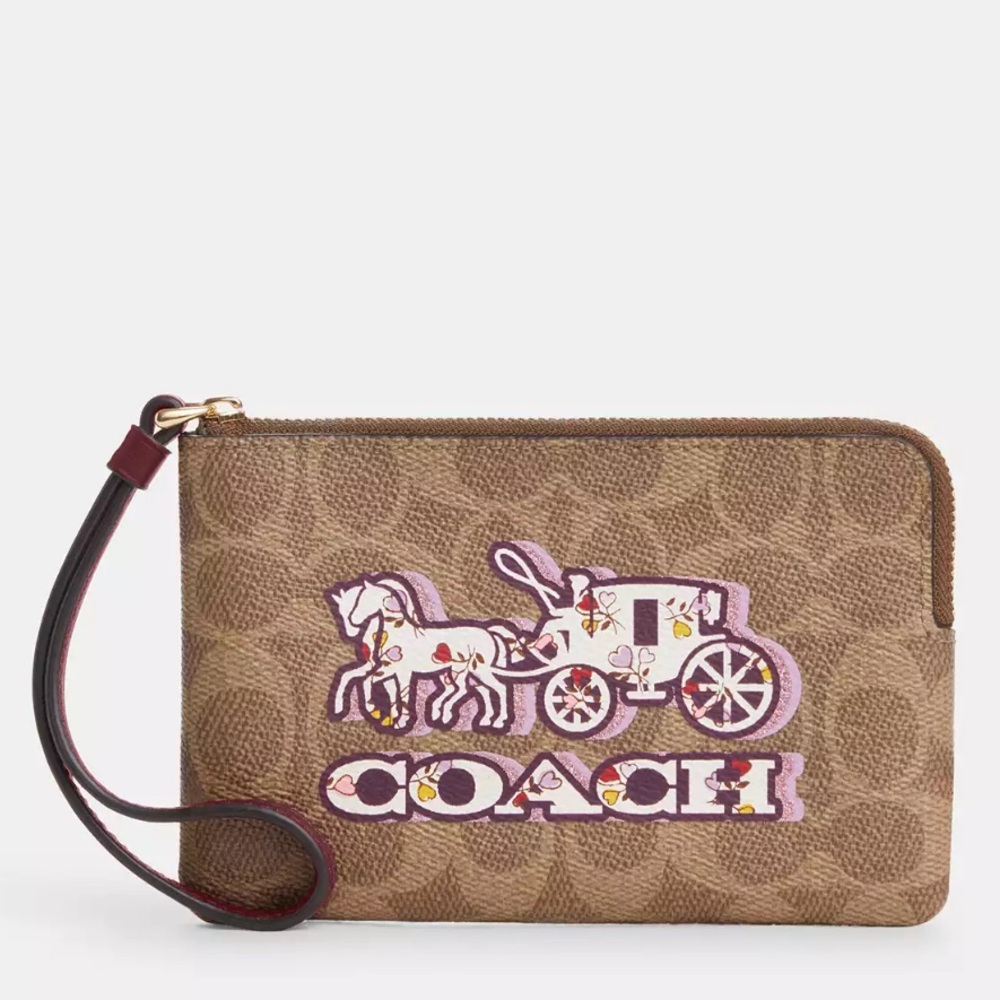 Coach Corner Zip Wristlet In Signature Canvas With Horse And Carriage Print.nwt